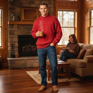 Austin Kane International Male Mens Red Cable Knit Wool Blend Sweater XL Retro